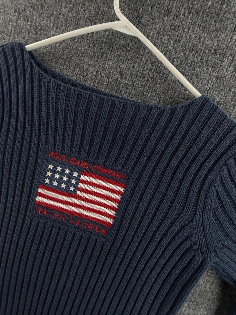 Ralph Lauren Boat Neck Ribbed USA Flag Polo Jeans Company Sweater Blue Logo XL - Picture 5 of 15